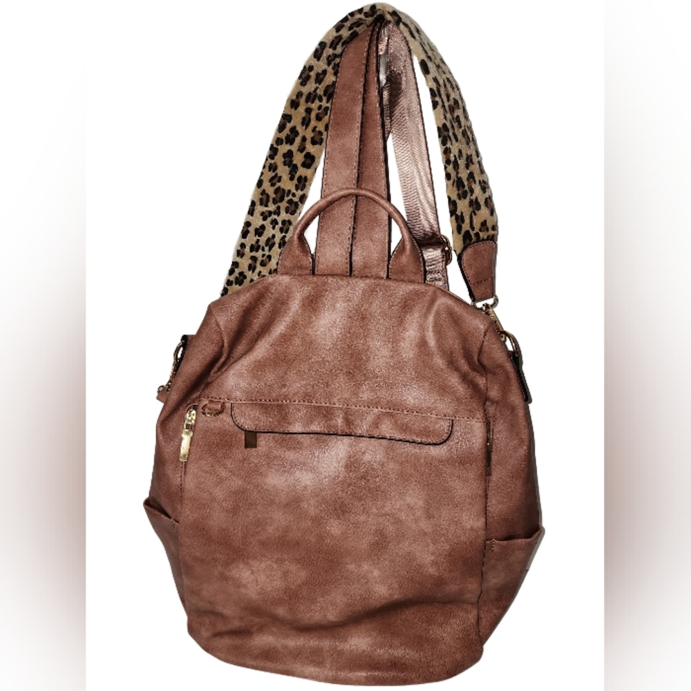 Le Miel Backpack Purse Blush color with Leopard strap for crossbody/sling carry